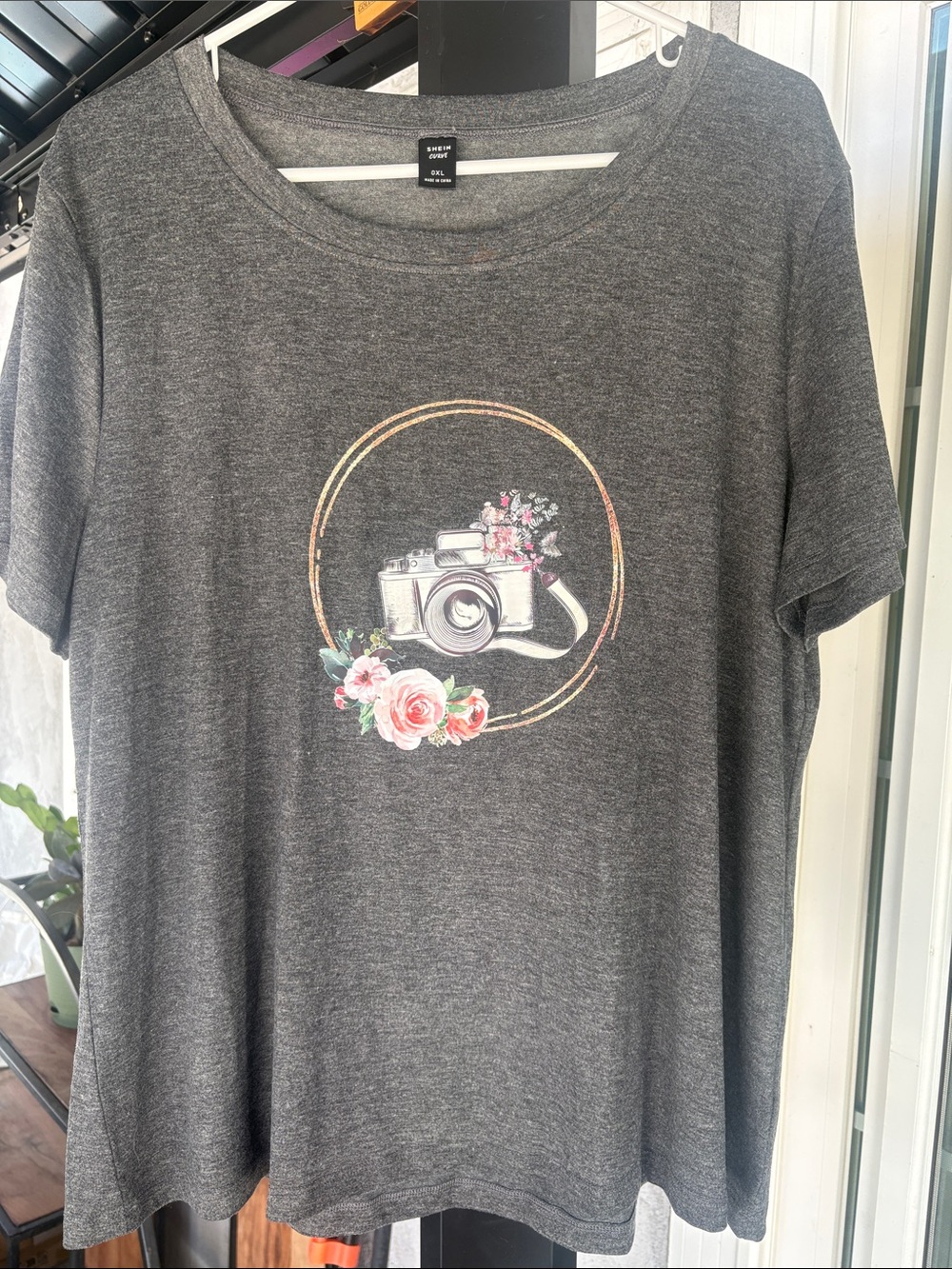 SHEIN Gray Tee with Floral Camera Graphic
